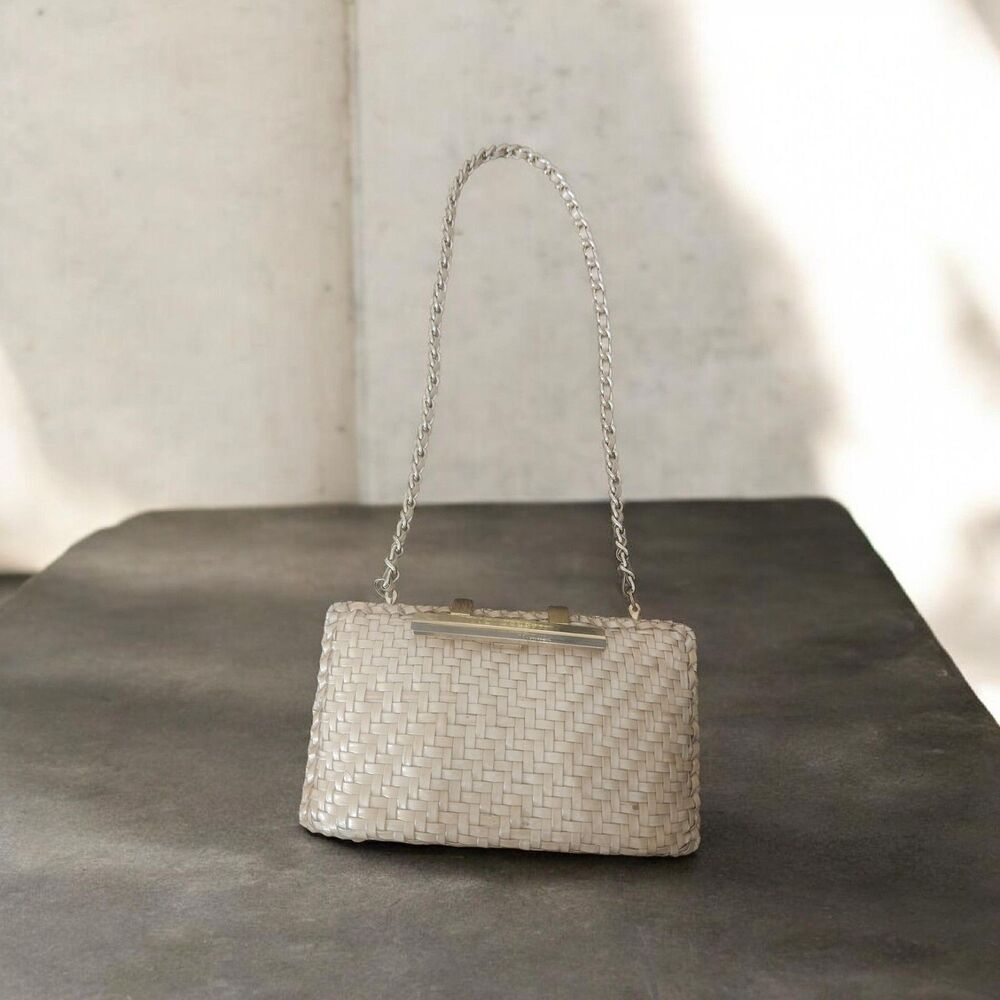 Vintage Hong Kong Cream Wicker Clutch with Gold Tone Accents and Chain 9.5x6x2.5